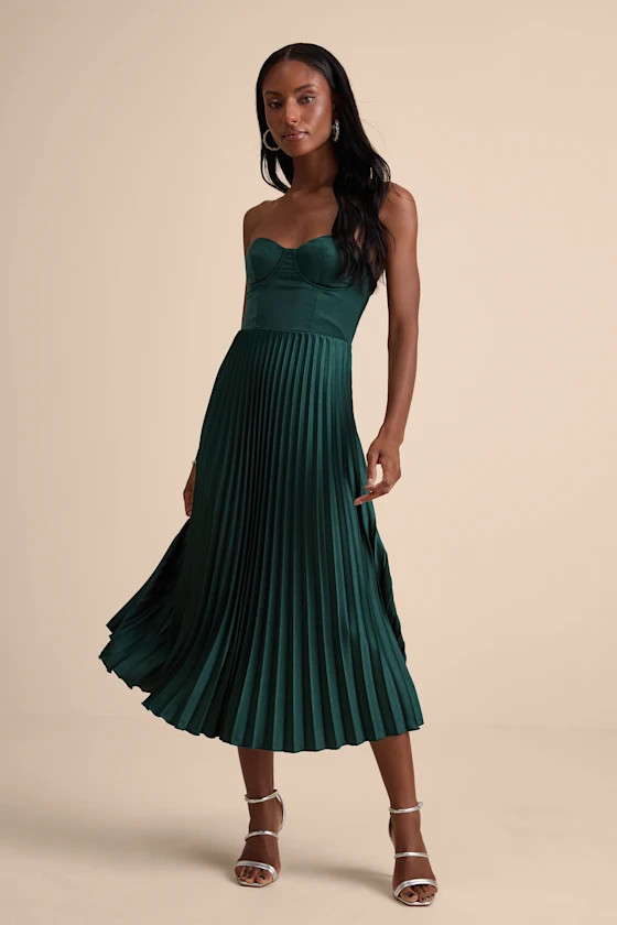 Irelyn Dark Green Satin Bustier Midi Dress | Lulus