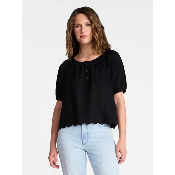 Time and Tru Women's Linen Blend Blouse with Scalloped Hem, Sizes XS-XXXL | Walmart (US)