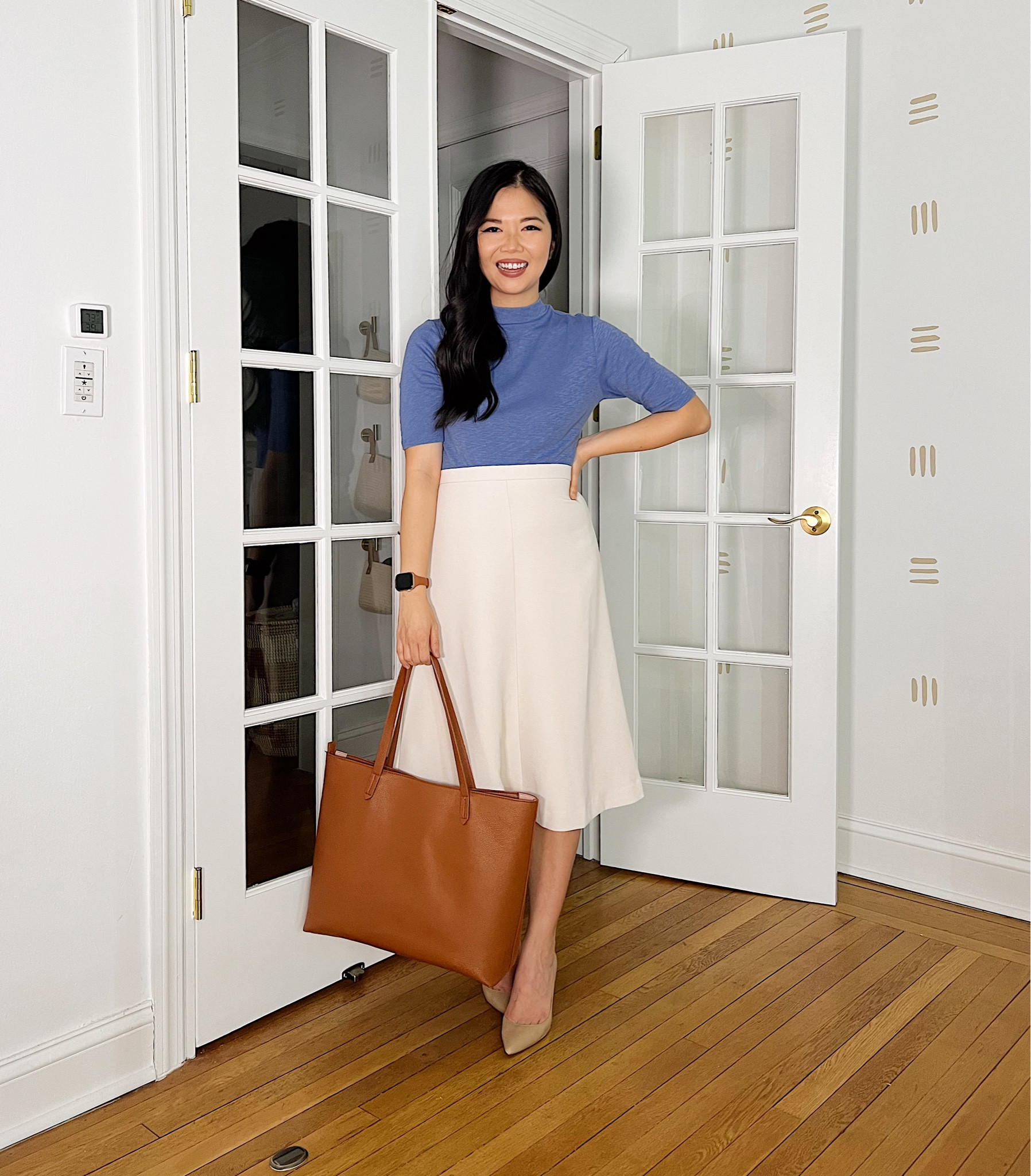 Blue short sleeve top (XS)
Short sleeve work top
Spring top
Cream midi skirt (4P)
Brown tote bag
Nude pumps (TTS)
Ann Taylor 
Business casual outfit
Work outfit
Teacher outfit

#LTKworkwear #LTKsalealert #LTKSeasonal