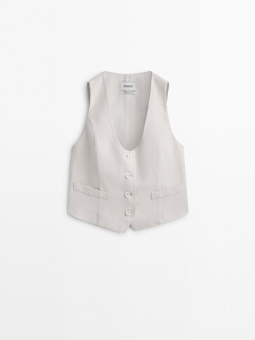 100% linen cropped waxed waistcoat - Massimo Dutti | Massimo Dutti US