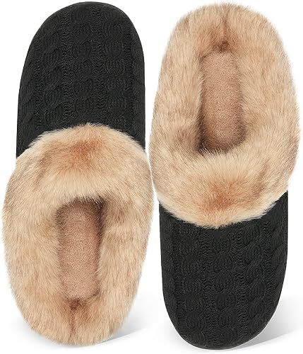 Women's Memory Foam Slippers Knitted Fur Collar House Shoes Anti-Skid Sole for Indoor & Outdoor | Amazon (US)