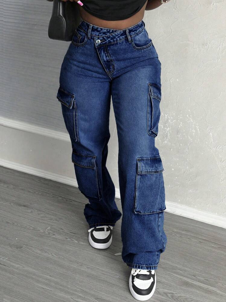 SHEIN Slayr Mid-Waist Cross Waist Flap Pocket Casual Denim Cargo Jeans | SHEIN