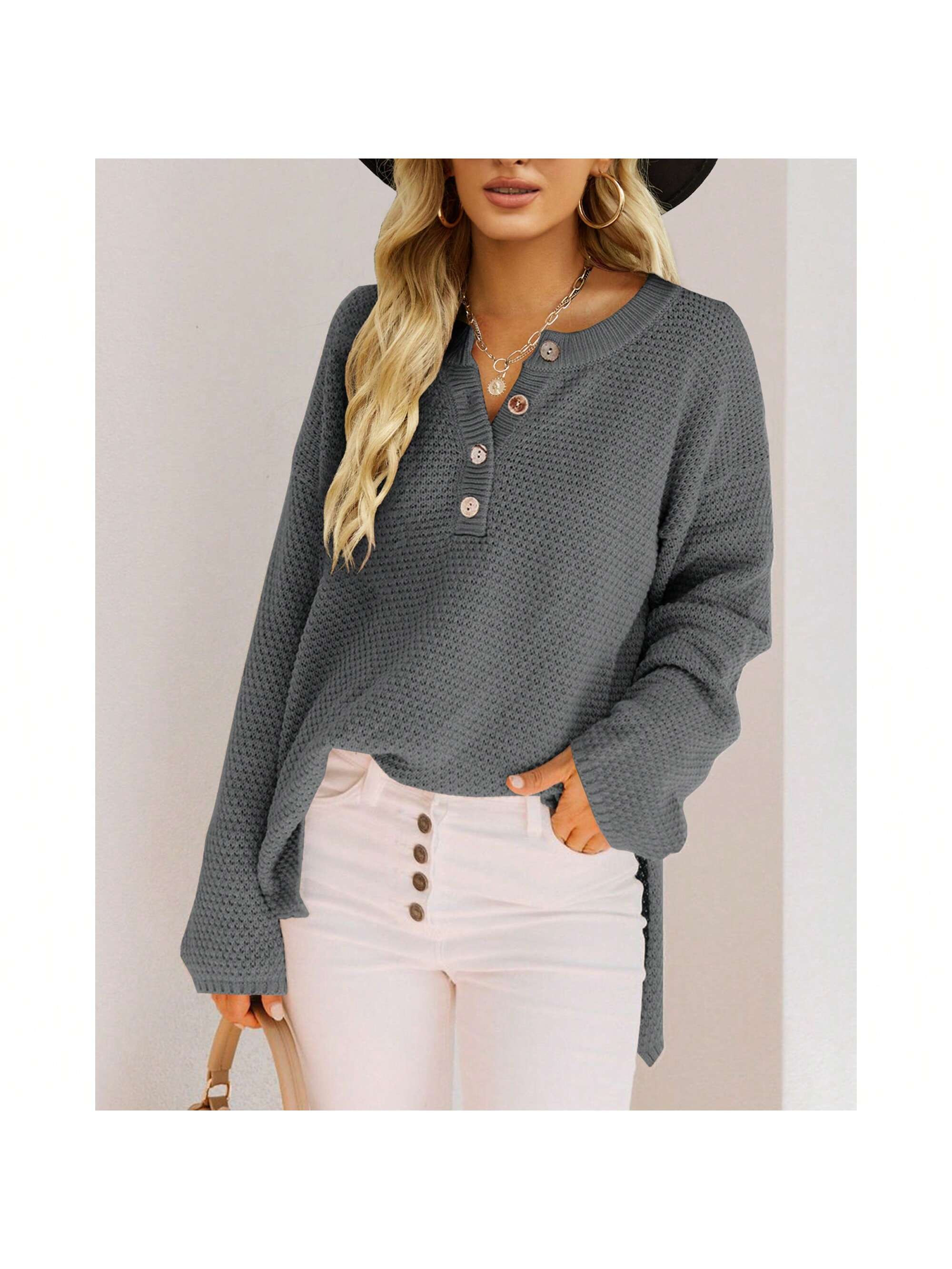 TrendsPiePieBuy PiePieBuy Womens V Neck Oversized Sweaters Batwing Long Sleeve Button Up Henley T... | SHEIN