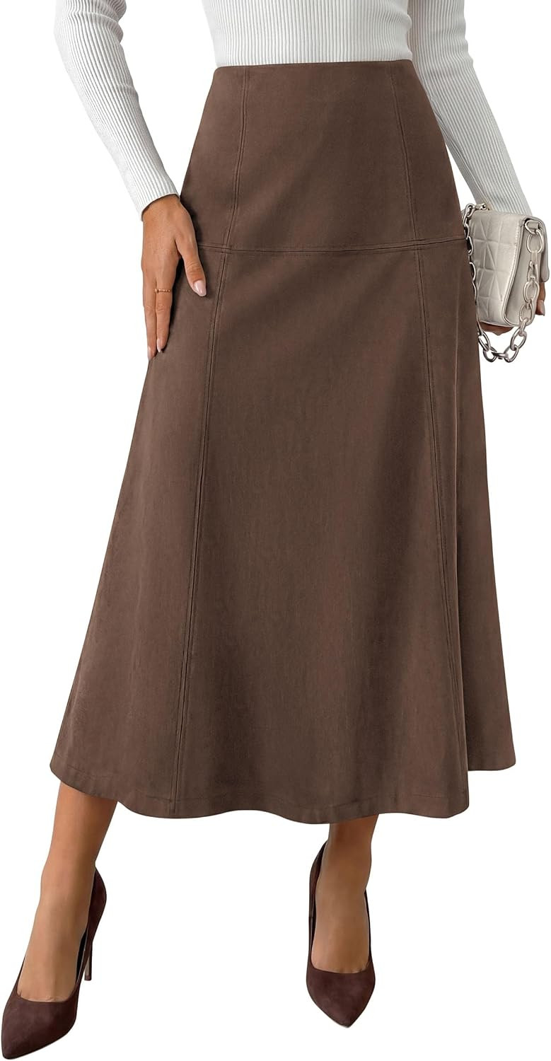 PRETTYGARDEN Womens High Waist Faux Suede A Line Midi Skirt | Amazon (US)