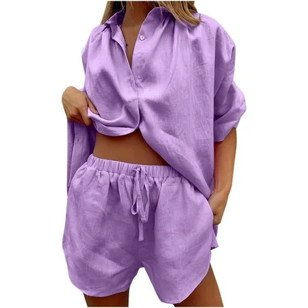 Ziloco Women s Solid Color Single Breasted Short Sleeve Shirt Shorts Loose Casual Suit pj sets for w | Walmart (US)