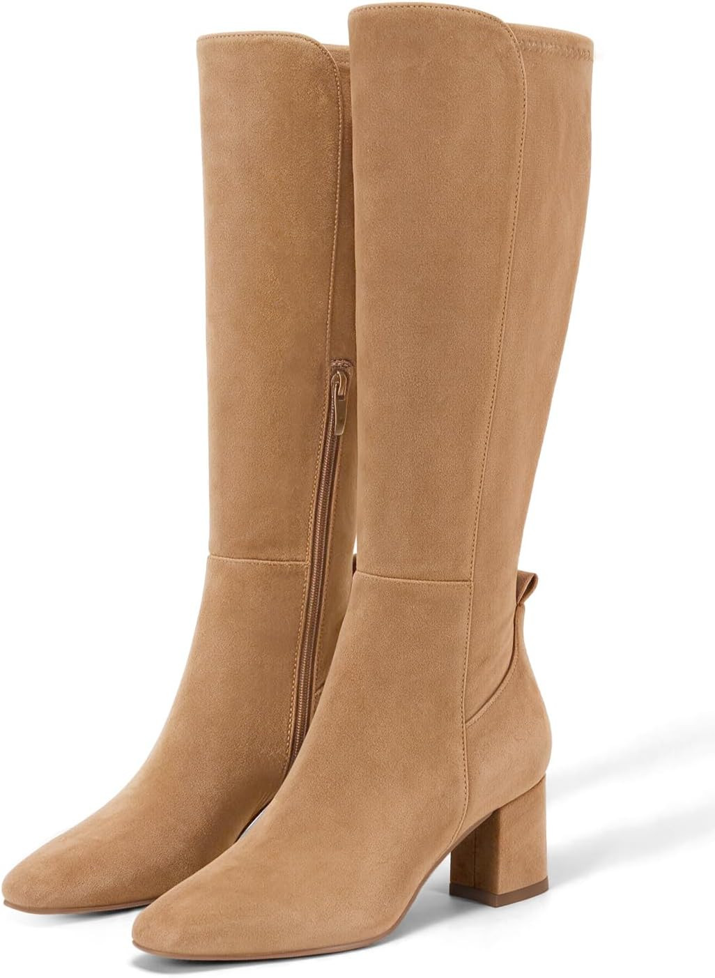 Coutgo Womens Knee High Boots Chunky Heel Side Zipper Suede Dress Boots | Amazon (US)