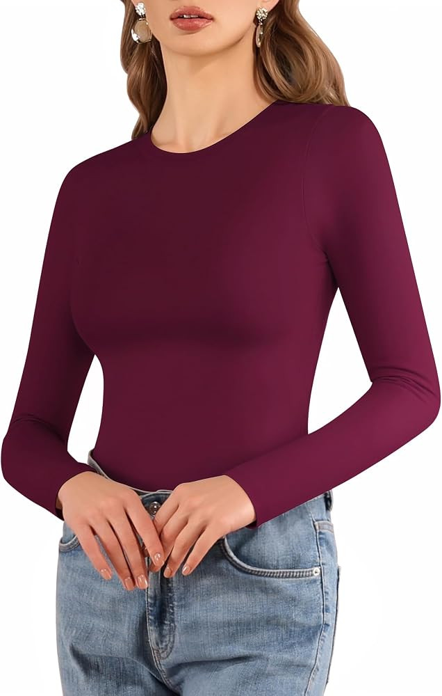 MANGOPOP Crew Neck Long Sleeve T Shirts for Women Fitted Shirts Tight Neck T Shirts Basic Tee Top... | Amazon (US)