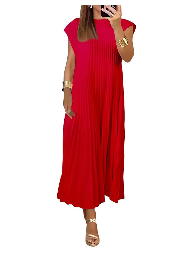 GORGLITTER Women's Pleated Church Maxi Dresses Summer Casual Short Sleeve Crew Neck Flowy Loose L... | Amazon (US)