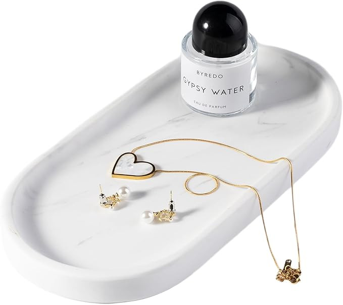 Koville White Marble Oval Tray for Bathroom Countertop, 10" x 5" Natural Marble Vanity Trays, Sto... | Amazon (US)