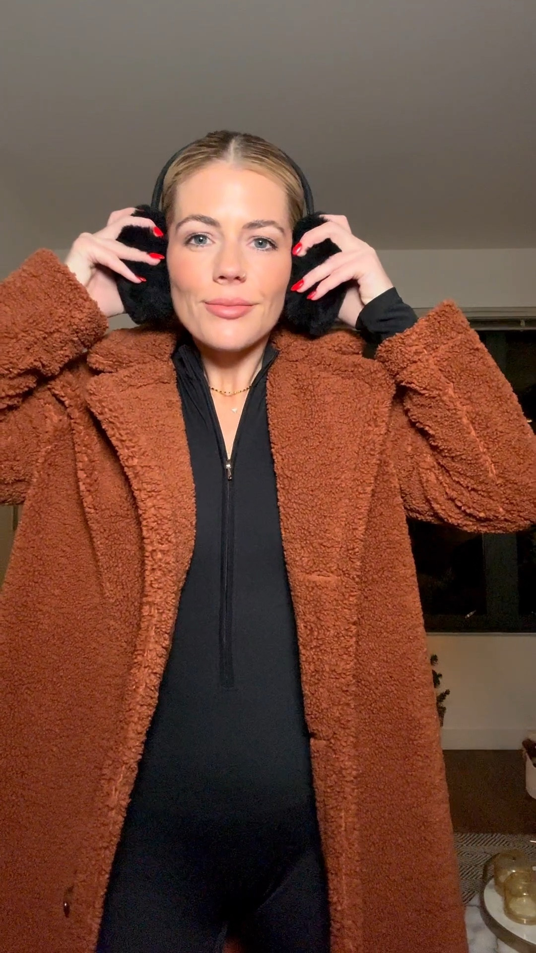 Winter casual outfit. Athletic jumpsuit teddy coat 