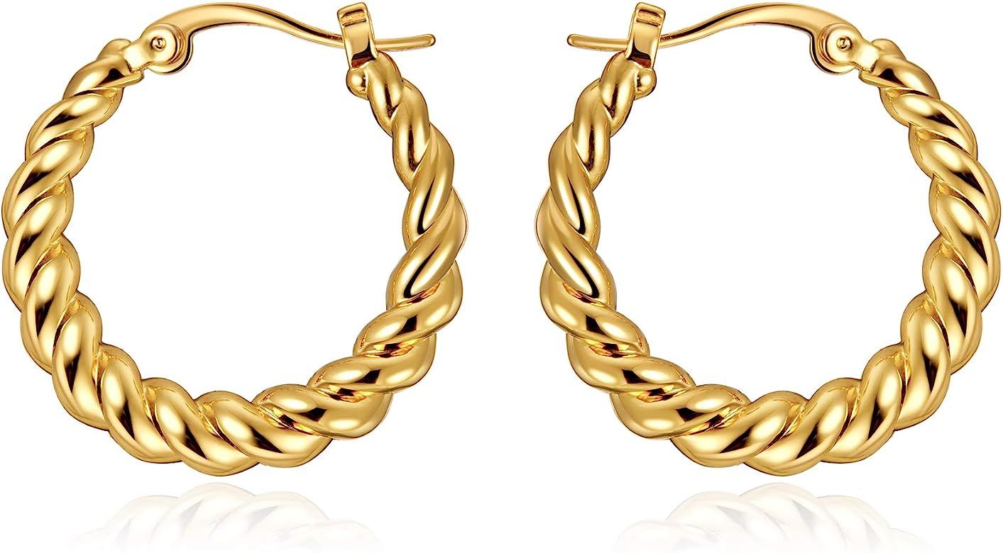 Gold Hoop Earrings 14K Gold Plated Huggie Hoops Twisted Croissant Earrings Small Hoop Earrings for W | Amazon (US)