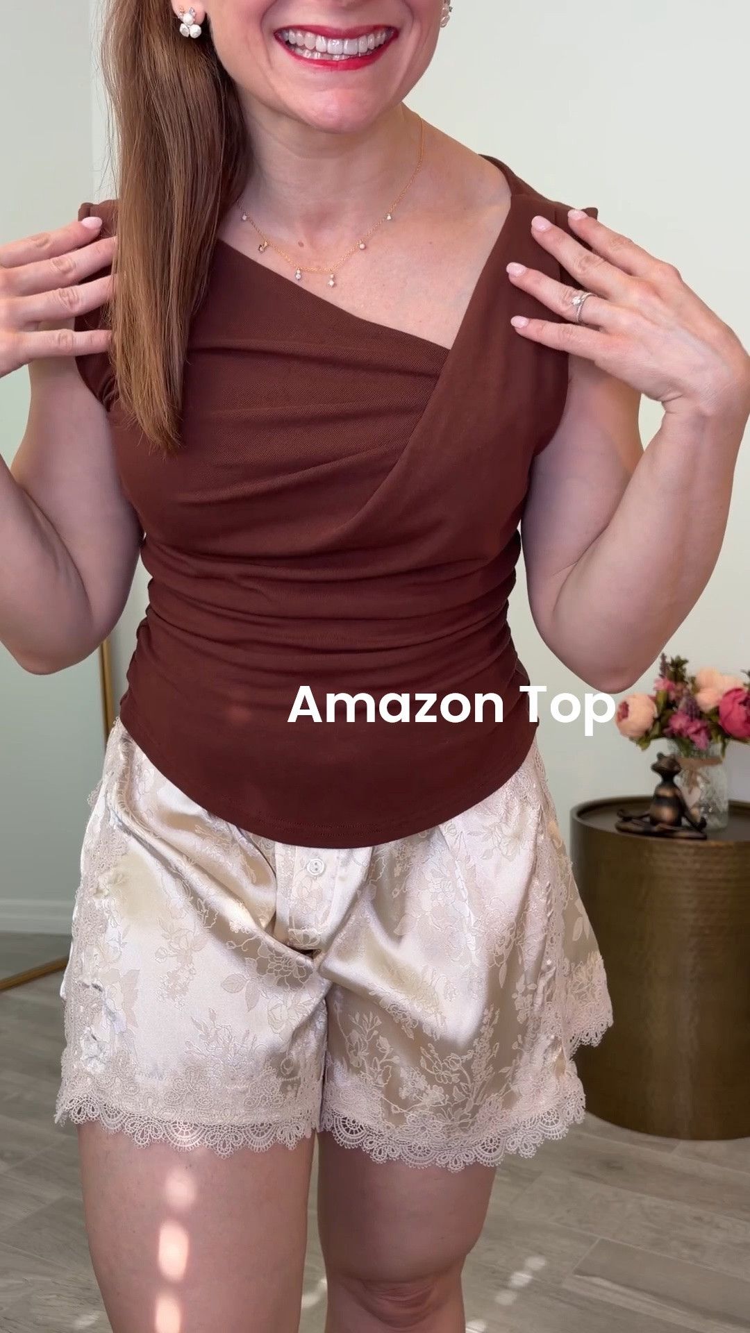 Slimming top with a cute neckline found on Amazon. My lace shorts are an amazing fit and they have a beautiful lace design.

#LTKootd #LTKOver40 #LTKPetite