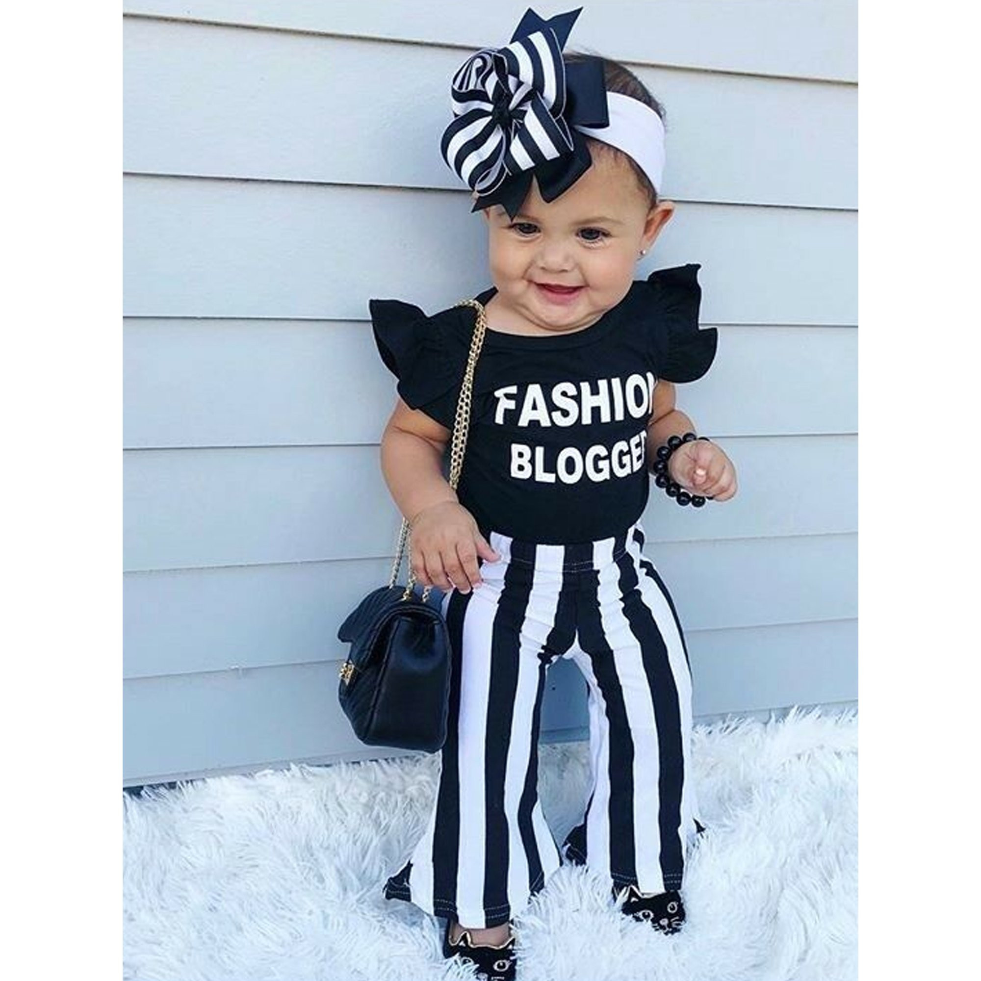 Kids Baby Girl Top T-shirt+Striped Bell Bottom Pants Leggings Outfit Clothes | Walmart (US)