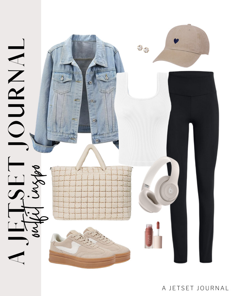 Wear this distressed denim jacket and layer it over a white tank top with your black leggings. These LUCKY STEP sneakers are perfect for this look. You can add a duffle bag and an embroidered baseball hat to match the look.

#LTKSeasonal #LTKSaleAlert #LTKTravel 

 