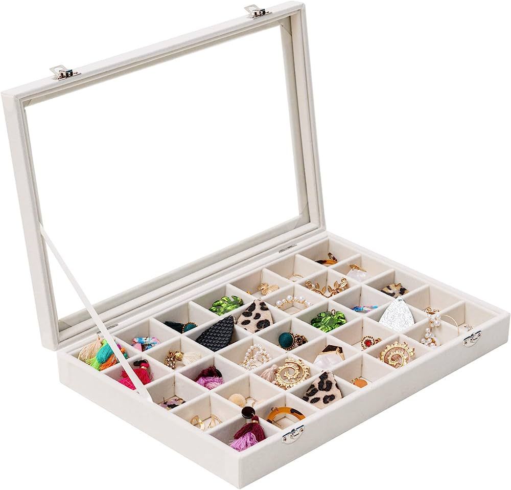 Mebbay 35 Grid Velvet Jewelry Tray Organizer Felt Jewelry Box Tray Holder with Clear Lid for Draw... | Amazon (US)