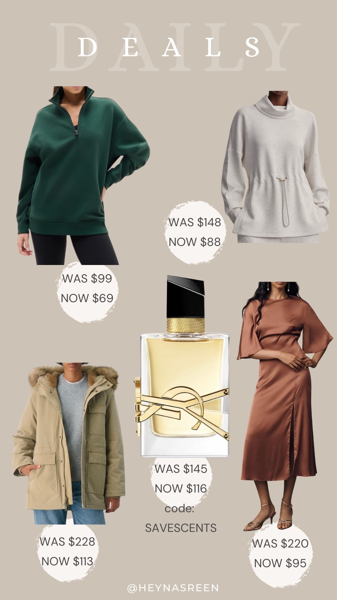 Daily deals on Athleta pullover, Varley pullover, YSL Libre perfume, Anthropologie dress, Gap coat 
