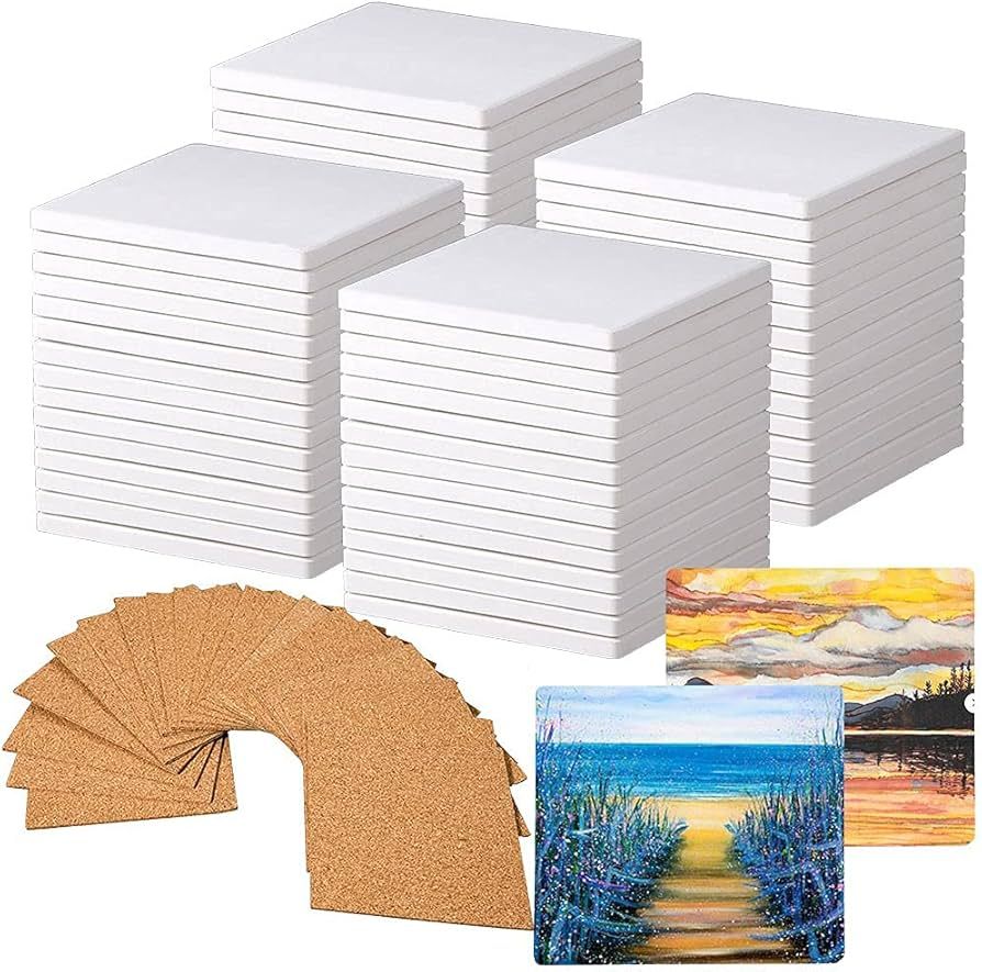 60 PCS Square Unglazed Ceramic Tiles for Crafts Coasters with 60 PCS 2mm Self Adhesive Cork Squar... | Amazon (US)