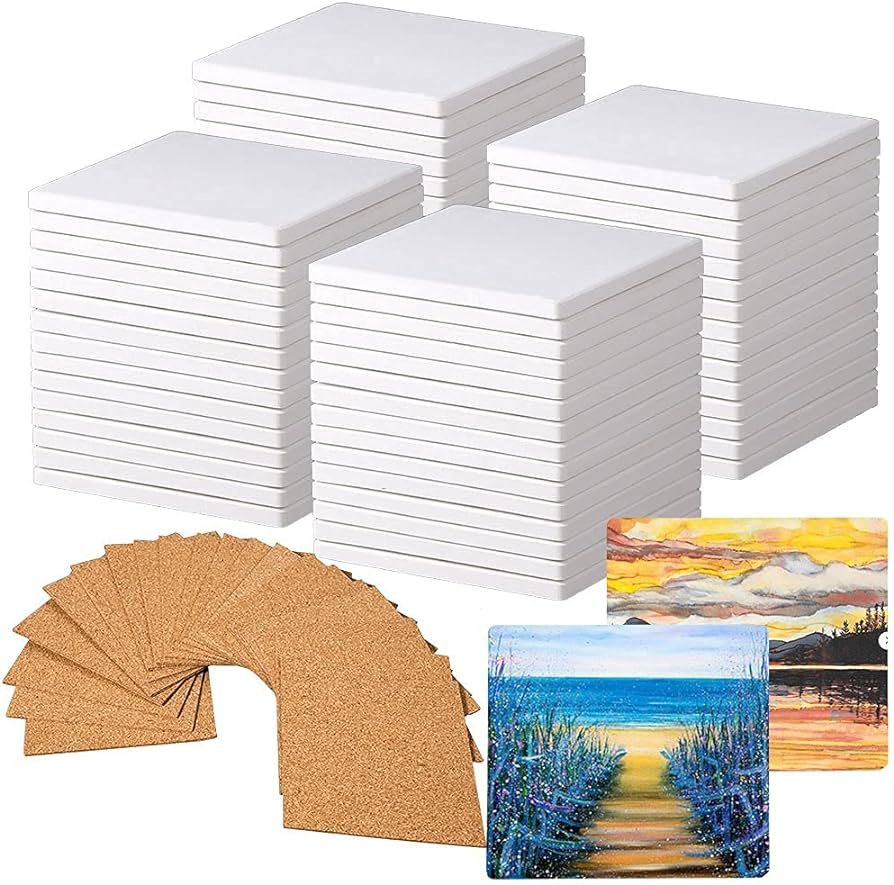 60 PCS Square Unglazed Ceramic Tiles for Crafts Coasters with 60 PCS 2mm Self Adhesive Cork Squar... | Amazon (US)