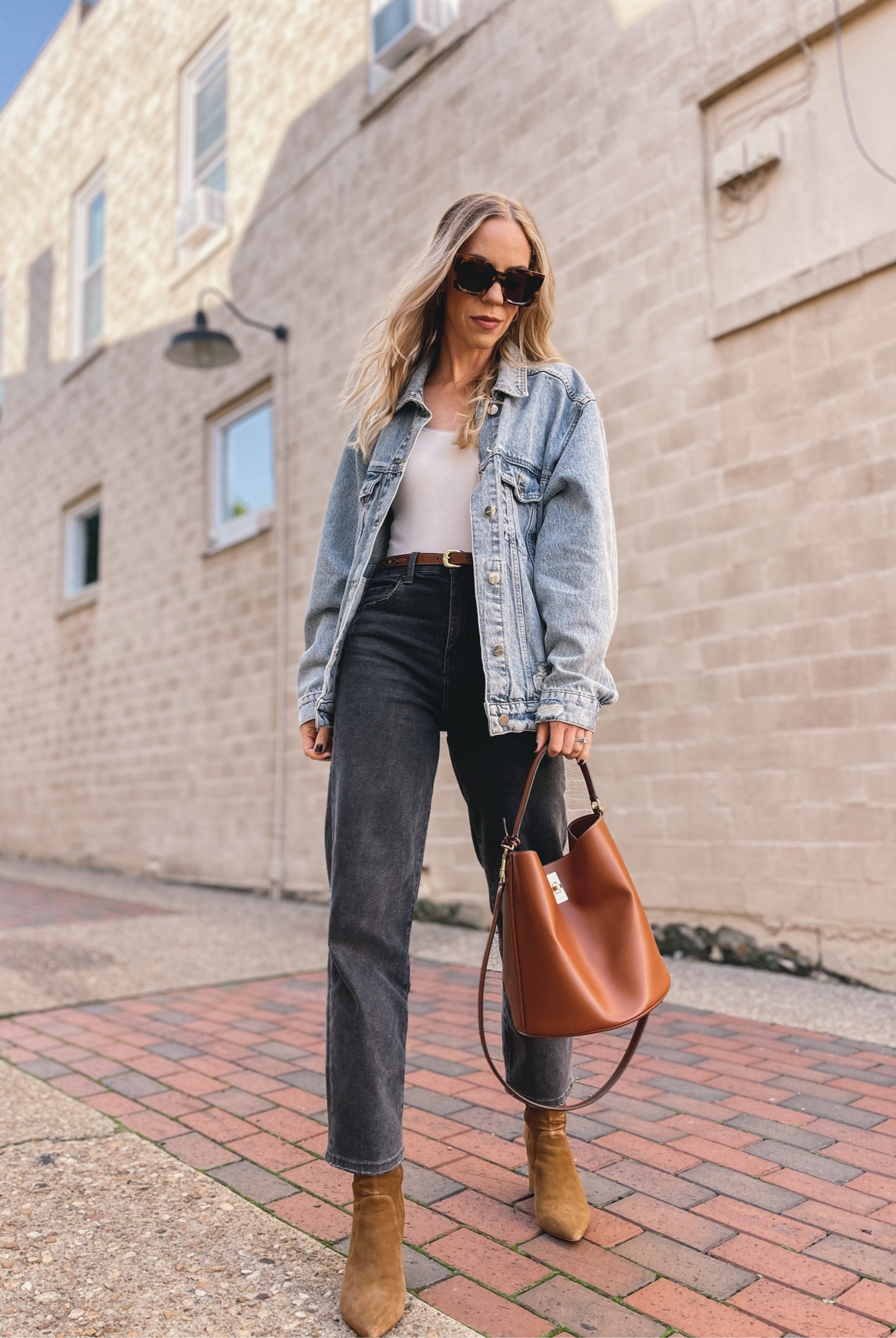 Denim on denim fall outfit, Anine Bing denim jacket, bucket bag, fall fashion 

#LTKSeasonal #LTKitbag #LTKstyletip