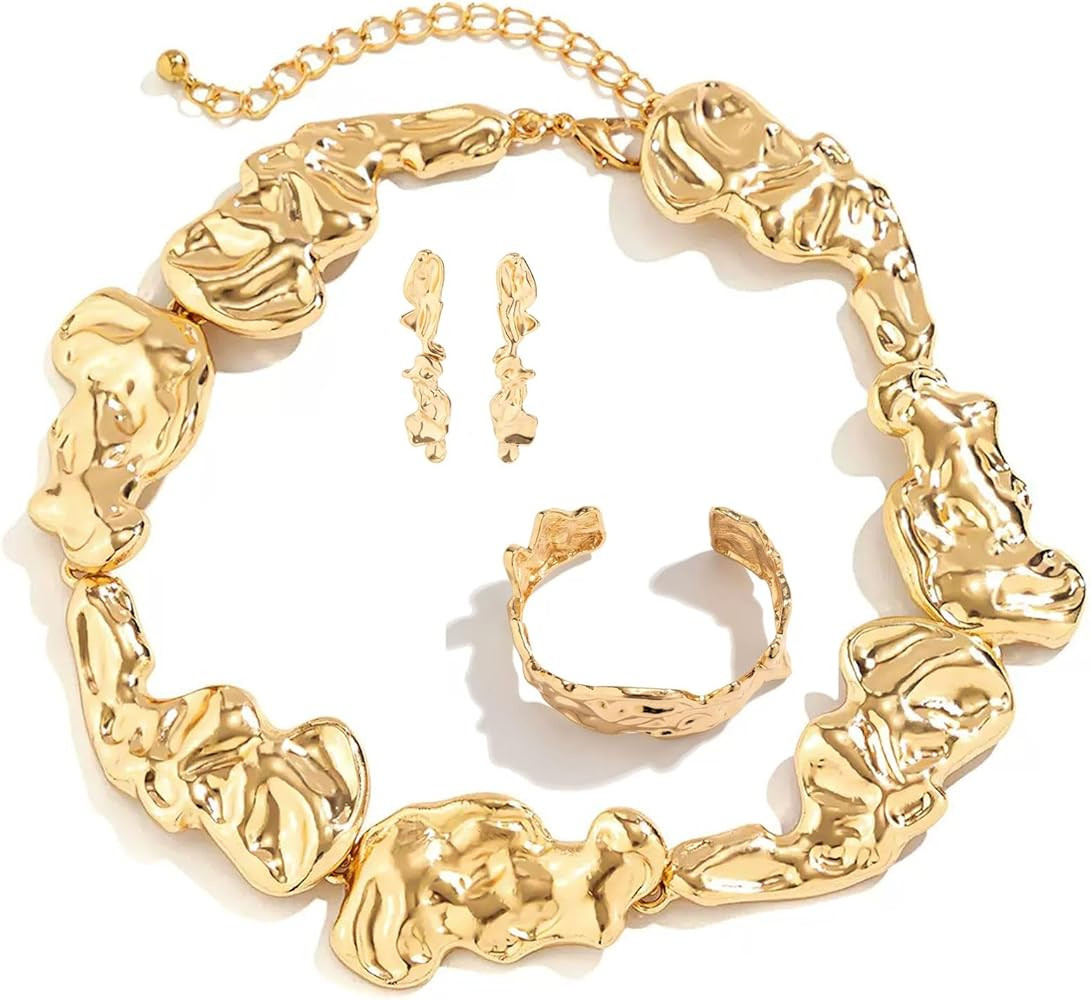 3 Pcs Metal Big Open Choker Necklace Bracelet Earrings for Women Adjustable Gold Baroque Pearl Ch... | Amazon (US)