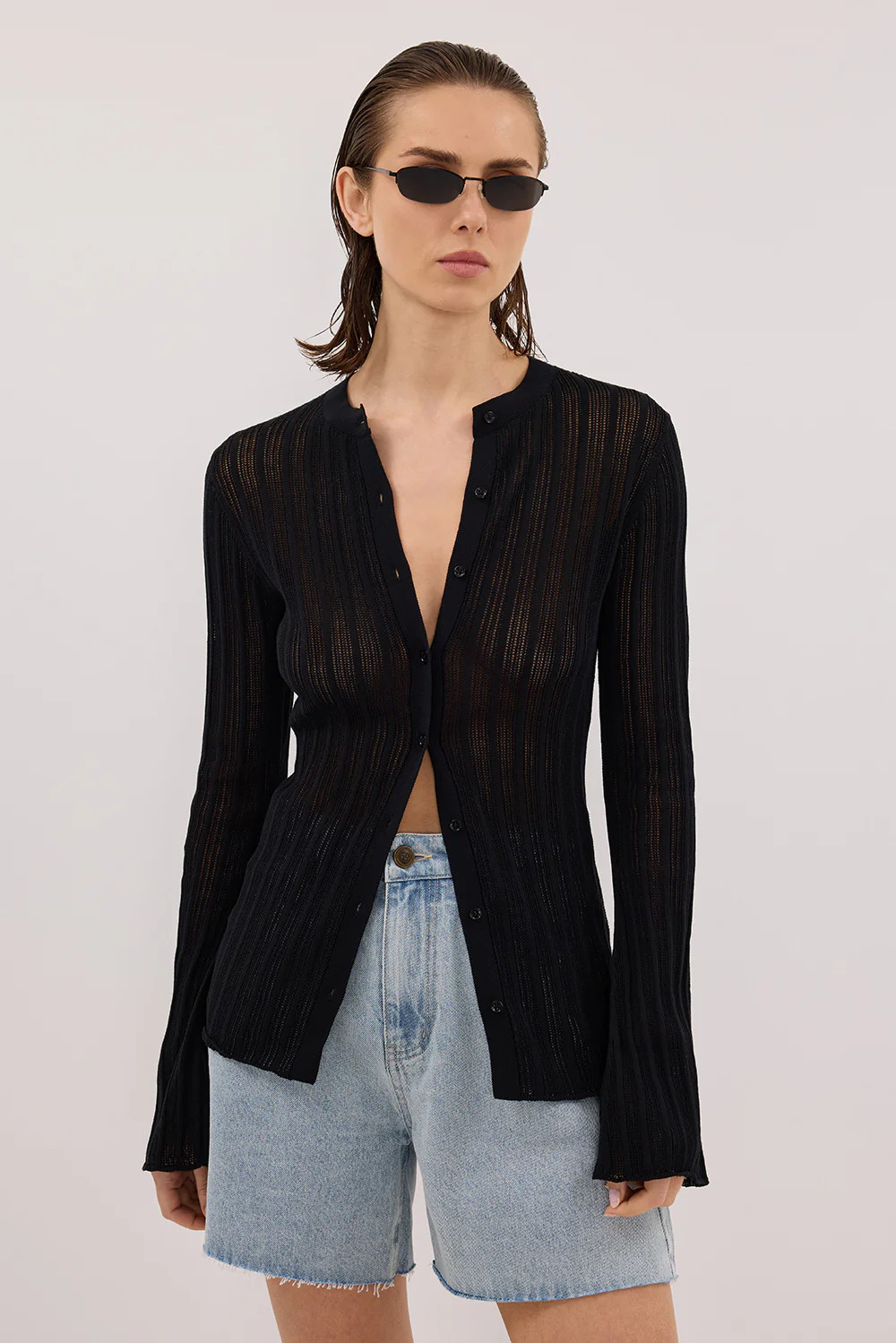 BOWIE BLACK BUTTON THROUGH KNIT TOP | DISSH