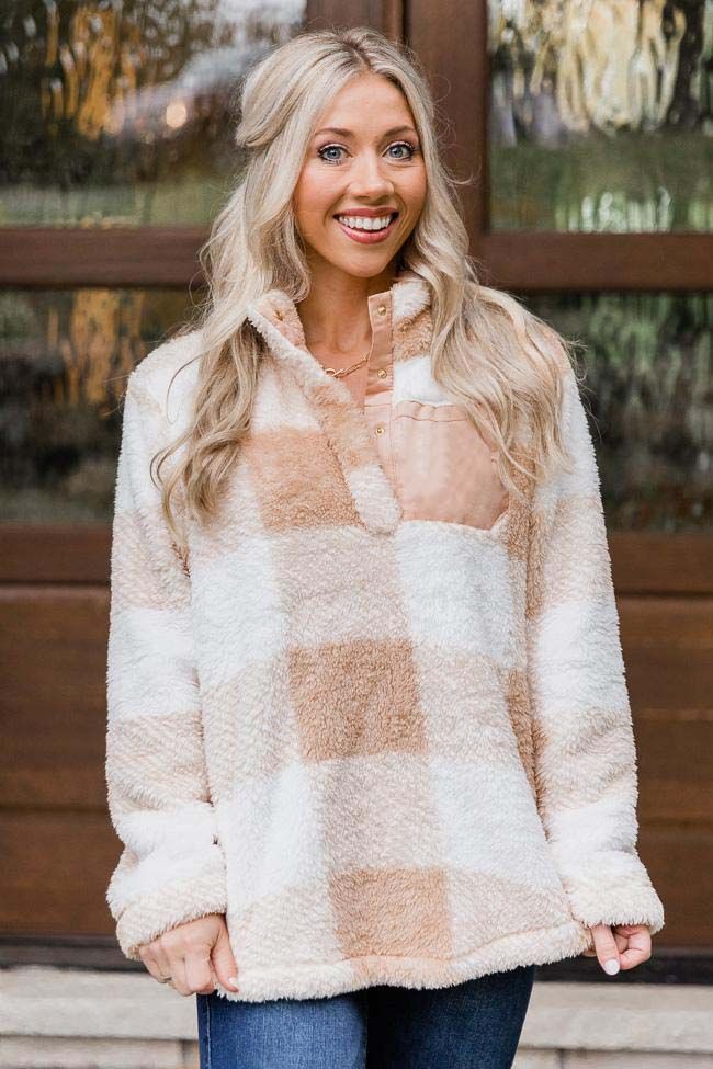 All Snowed In Tan Plaid Pullover DOORBUSTER | The Pink Lily Boutique