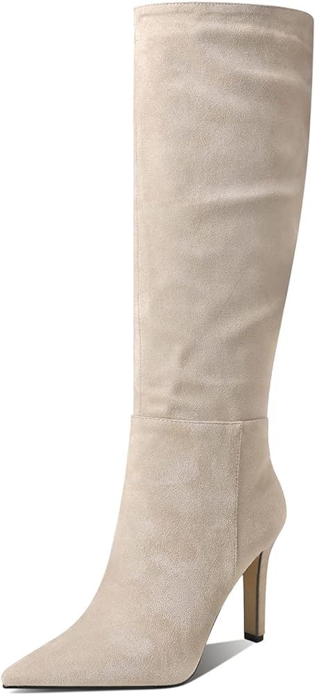 Women's Classic Pointed Toe Stitchcraft Slouchy Wide Calf Slip On Elegant Stiletto High High Knee Hi | Amazon (US)
