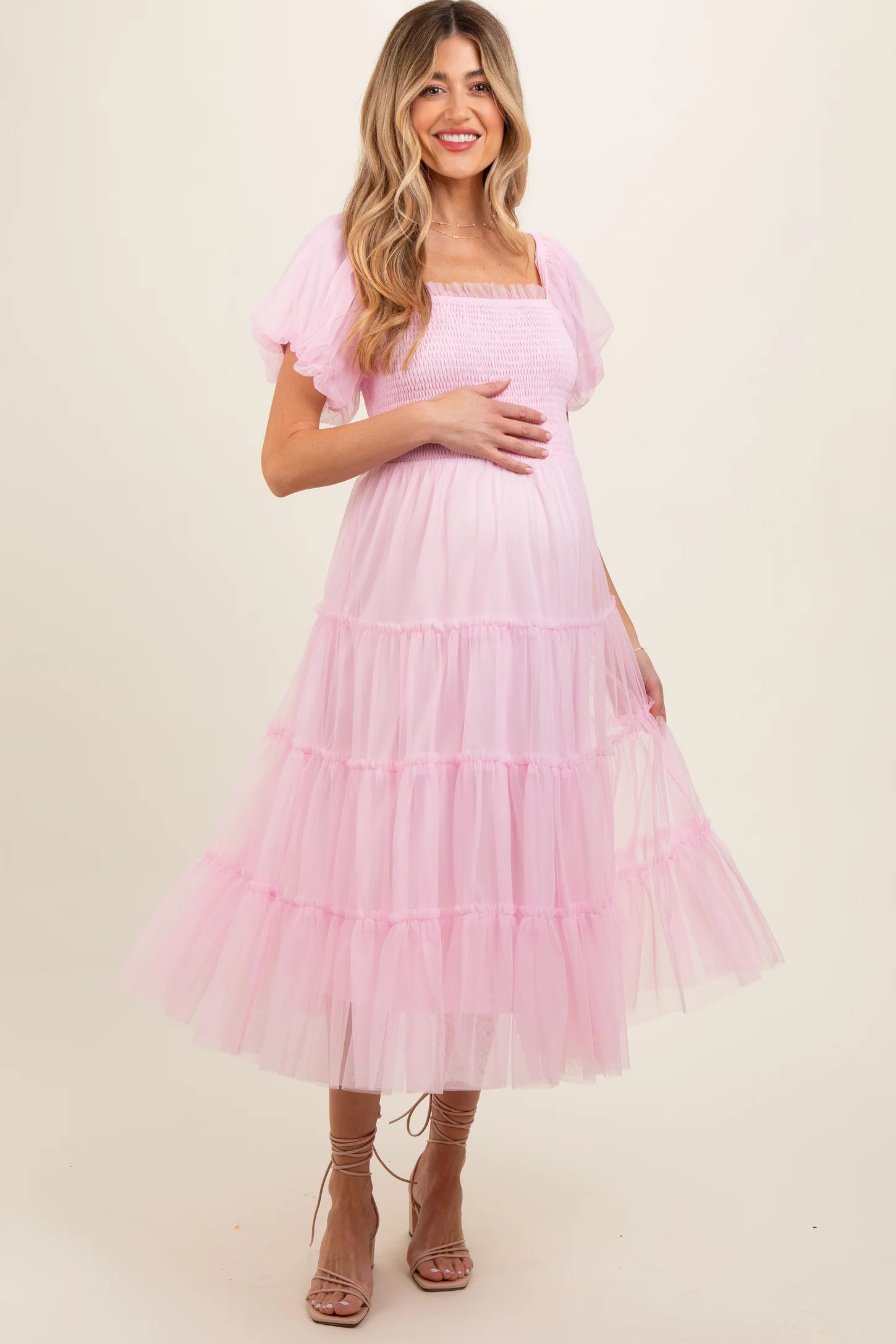 Light Pink Smocked Tiered Tulle Maternity Midi Dress | PinkBlush Maternity