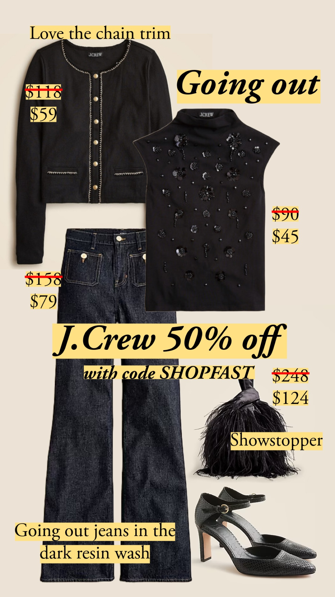 J.Crew’s going out pieces have been so strong this year. Most of these work for day as well, and it’s easy to combine them with your own staples. 

* The jeans and a silk blouse plus a mid-thigh coat
* The chain-trim jacket over a cami with midi and boots
* The embellished top with a mini skirt and the shoes you’ve been dying to show off

#LTKHoliday #LTKSaleAlert #LTKSeasonal