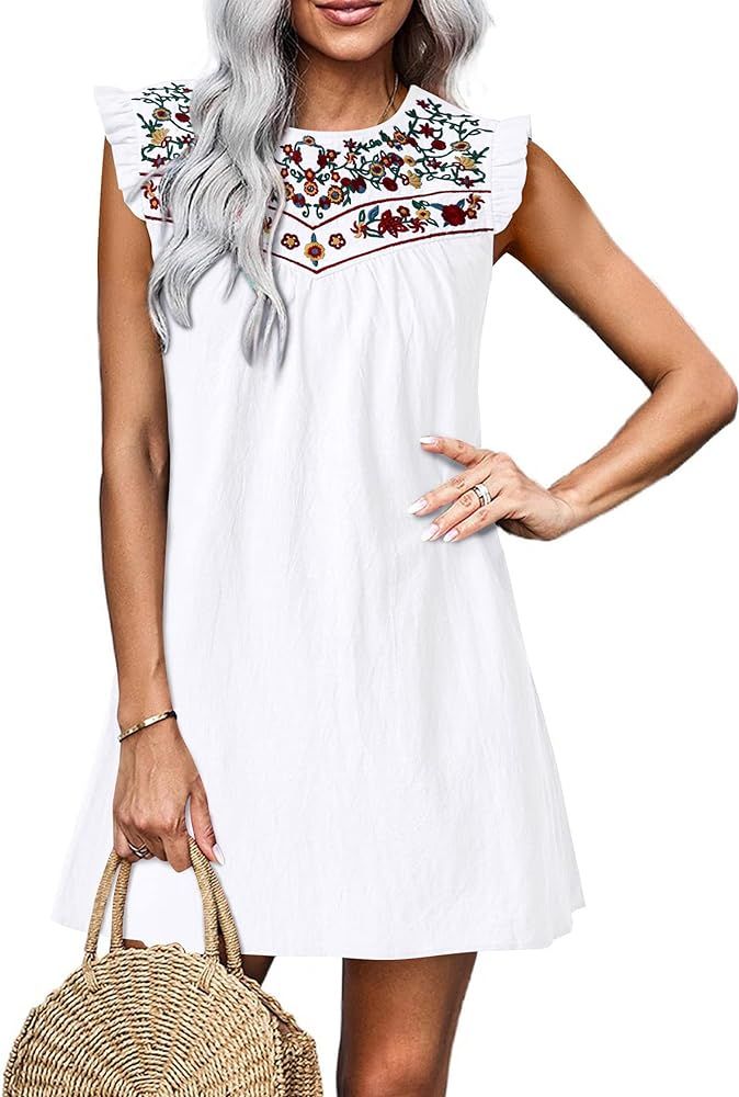 KIRUNDO Women's 2024 Casual Summer Sleeveless Boho Floral Embroidered Mini Dress Loose Babydoll S... | Amazon (US)