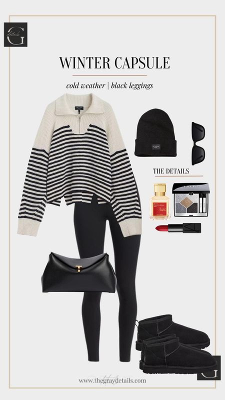 Winter capsule outfit idea with black leggings | stripe sweater, Ugg boots, travel outfit. Mom drop off. Casual outfit 

#LTKstyletip #LTKshoecrush #LTKover40