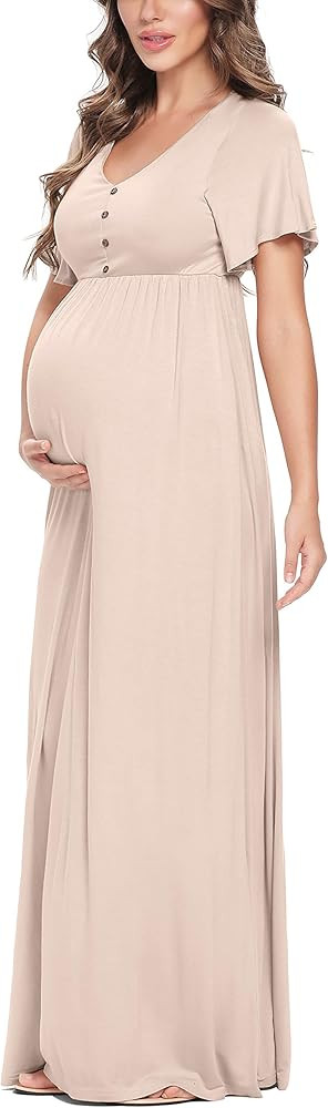 Peauty Maternity Maxi Dress Summer with Decorative Button (S-3XL)/Short Flutter Sleeve Flowy Dres... | Amazon (US)