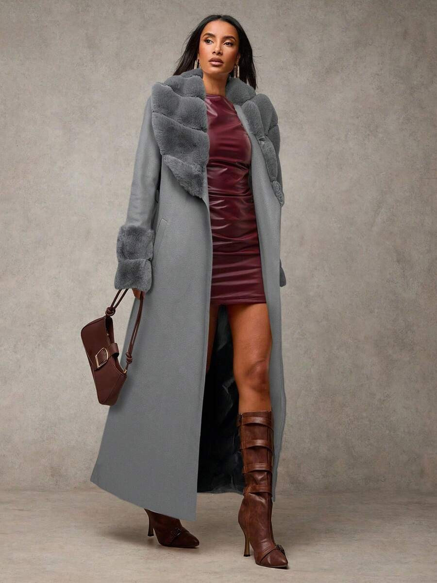 SHEIN BAE Women's Solid Color Faux Fur Shawl Collar Long Sleeve Long Elegant Wool Blend Coat, Vin... | SHEIN