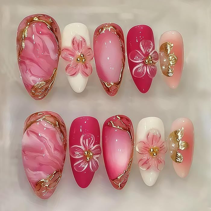 Spring Flower Press on Nails Long Almond Fake Nails with Flowers Pattern Gold Stripe Line Rhinest... | Amazon (US)