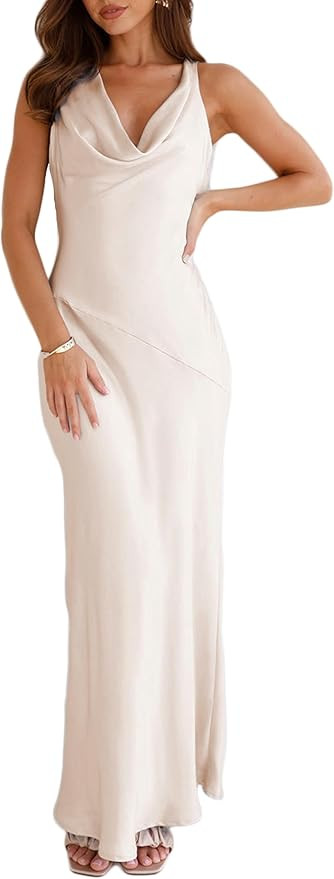 Women's 2026 Summer Satin Backless Elegant Dress for Wedding Guest Silk Sleeveless Cowl Neck Part... | Amazon (US)