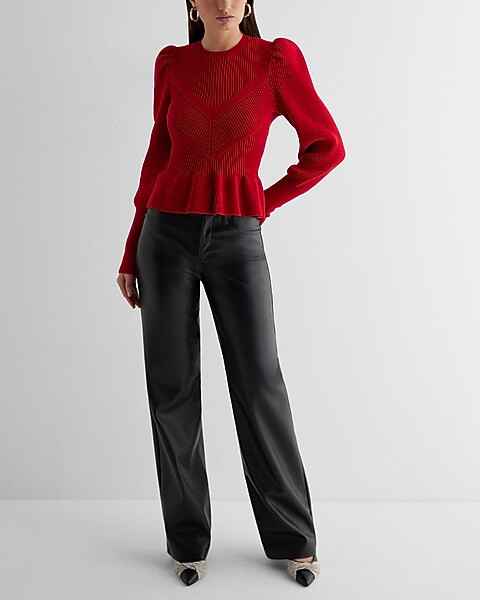 Ribbed Crew Neck Puff Sleeve Peplum Sweater | Express
