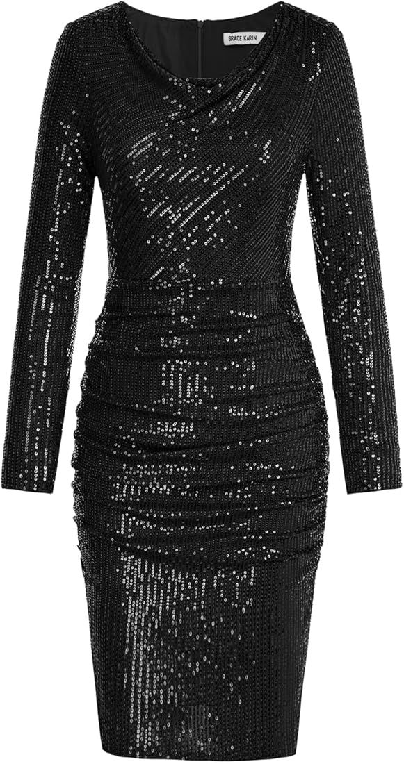 Women Sequin Dress Sparkly Glitter Cowl Neck Cocktail Party Club Dress Long Sleeve Ruched Bodycon... | Amazon (US)