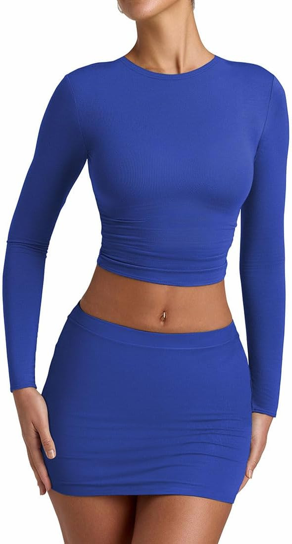 YFANG Women's Sexy Two Pieces Pencil Mini Skirt Set Long Sleeve Crew Neck Crop Top Short Bodycon ... | Amazon (US)