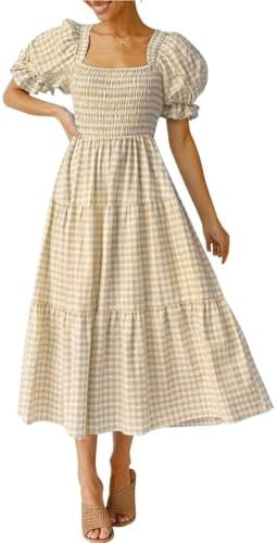 ZESICA Women's 2026 Bohemian Summer Plaid Square Neck Puff Sleeve Ruffle Flowy Beach Midi Dress | Amazon (US)