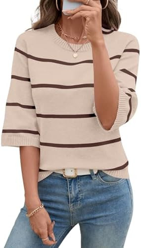 LOMON Womens Sweaters Casual Fall 2025 Crew Neck Striped 3/4 Sleeve Lightweight Knit Trendy Pullo... | Amazon (US)