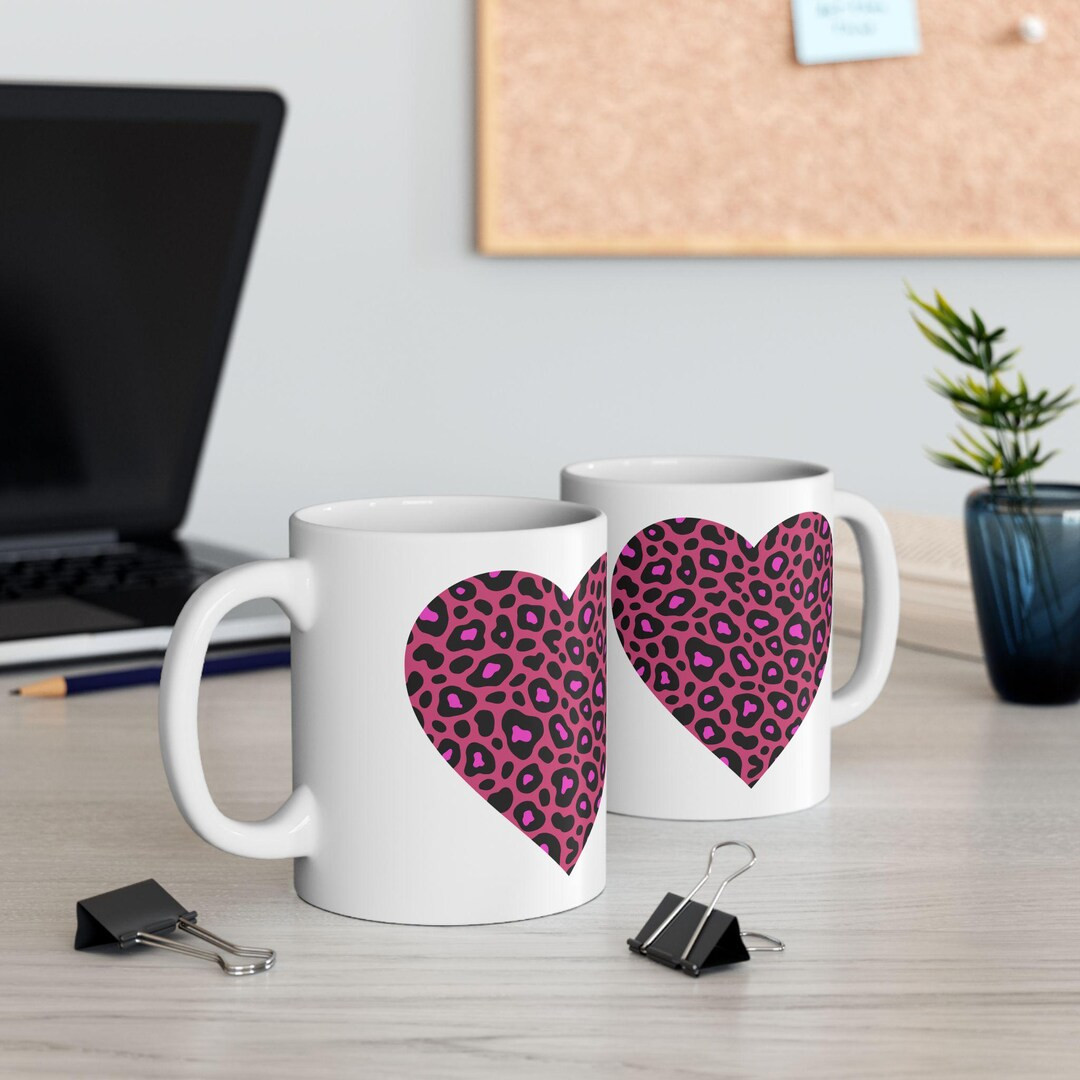 Pink Leopard Heart Mug | Ceramic Coffee Cup, Animal Print Design - Etsy | Etsy (US)