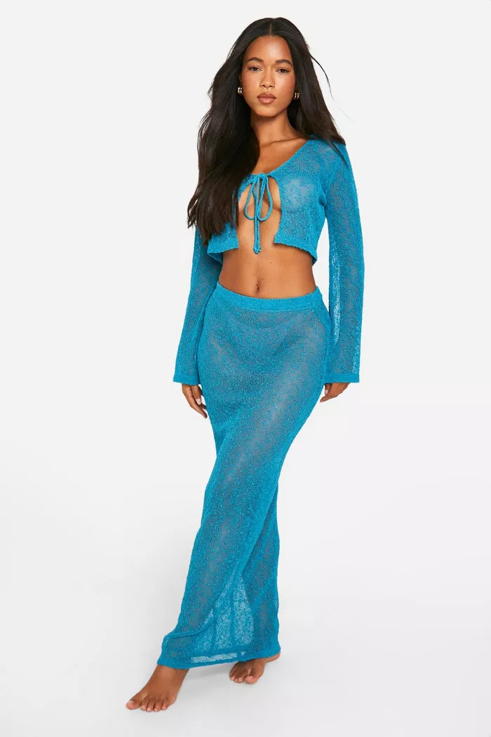 Popcorn Crochet Tie Top & Maxi Skirt Beach Co-ord | Boohoo.com (UK & IE)