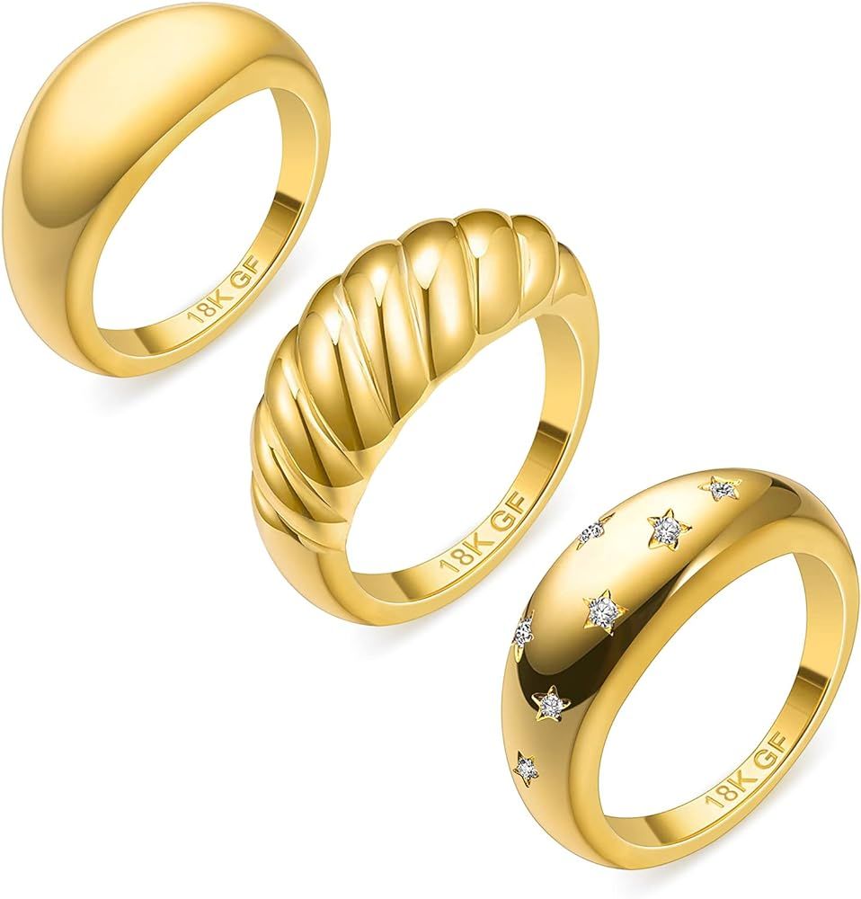 SEWENS 3PCS 18k Gold Plated Croissant Braided Twisted Signet Chunky Dome Ring Stacking Band for Wome | Amazon (US)