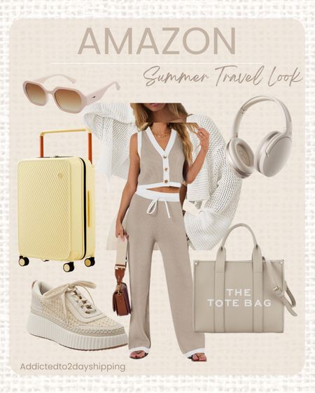 Such a cute amazon summer travel outfit! I paired a neutral with white trimmed lounge set that is pants and a button down v-neck sleeveless vest with a crochet white cardigan. I accessorized with a leather neutral tote bag, neutral crochet sneakers, cream sunglasses, beige over the ear wireless headphones and a yellow hard case luggage!



#LTKTravel #LTKStyleTip #LTKFindsUnder100