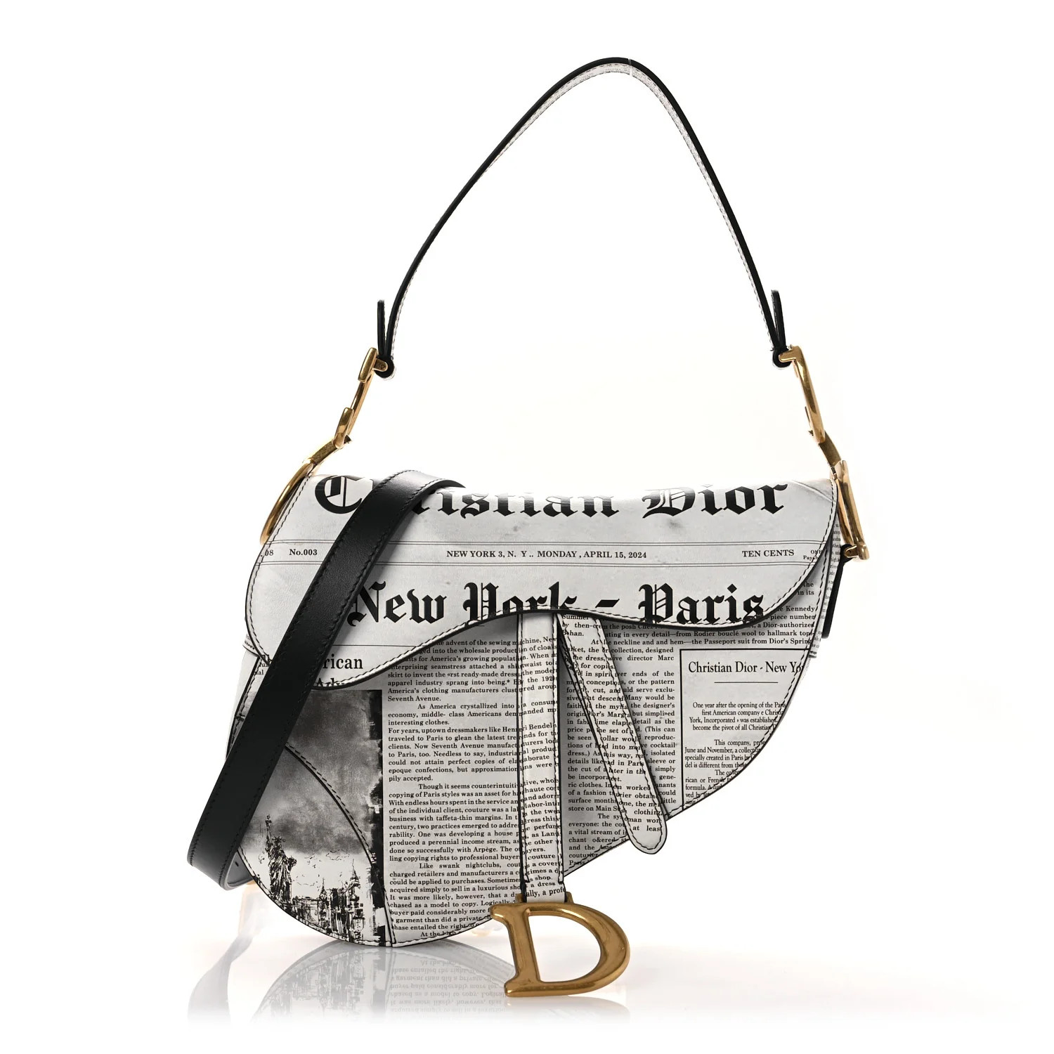 Calfskin Newspaper Printed Saddle Bag With Strap Black White | FASHIONPHILE (US)