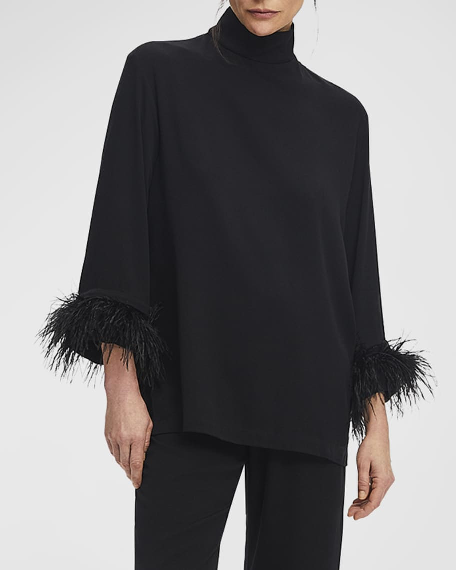 Sleeper Black Tie Cropped Feather-Trim Pajama Set | Neiman Marcus