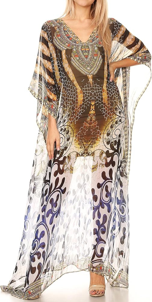 Sakkas Wilder Printed Design Long Sheer Rhinestone Caftan Dress/Cover Up | Amazon (US)