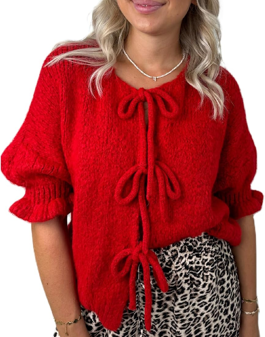Women Trendy Bow Tie Sweater Cardigans Solid Color Puff Sleeve Loose Chunky Knited Jacket Open Fr... | Amazon (US)