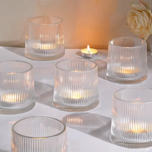 DARJEN Clear Ribbed Tealight Votive Candle Holders- 6Pack Glass Candle Holders for Table Centerpiece, Home Decor, Wedding Decor, Party Dinner | Amazon (US)