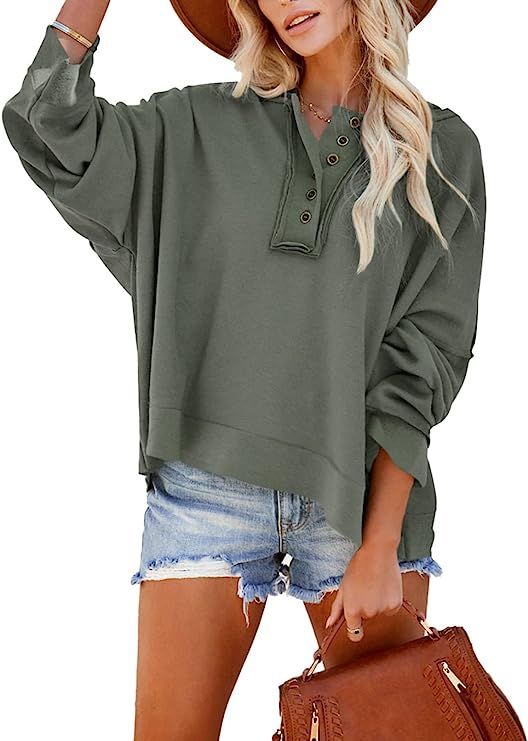 HOTAPEI Women's Casual V Neck Button Up Long Sleeve Hoodies Cropped Pullover Hooded Sweatshirt To... | Amazon (US)